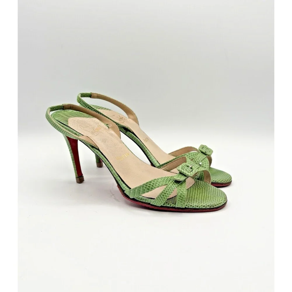 Christian Louboutin Green Python Slingback Heels w/ Buckle Accent Size EU 38